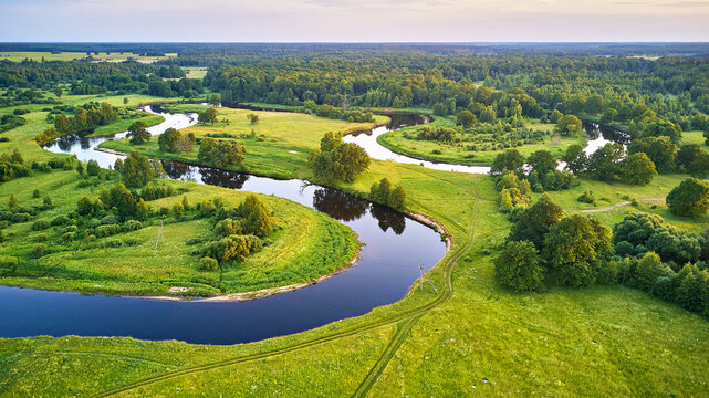 Meander evening panorama. Oak trees on Svilsoch riverbank. Summer sunny landscape