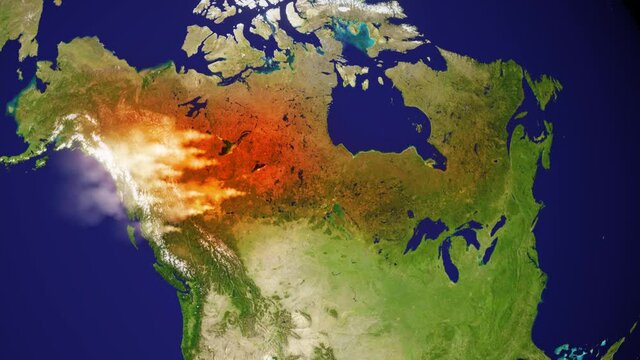Canada forest fire map - 3d animation with smoke and aerial growth of damage - Made of public domain image from NASA	