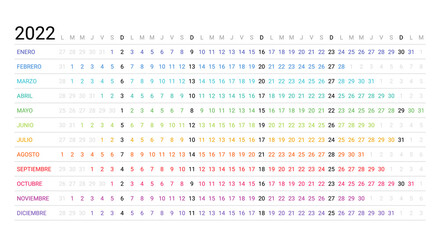 2022 Spanish linear calendar. Horizontal planner for year. Vector. Week starts Monday. Annual schedule grid. Yearly calender template with 12 months. Simple design illustration. Landscape orientation.