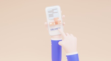 3d illustration cartoon hand holding mobile smartphone, with delivery tracking.