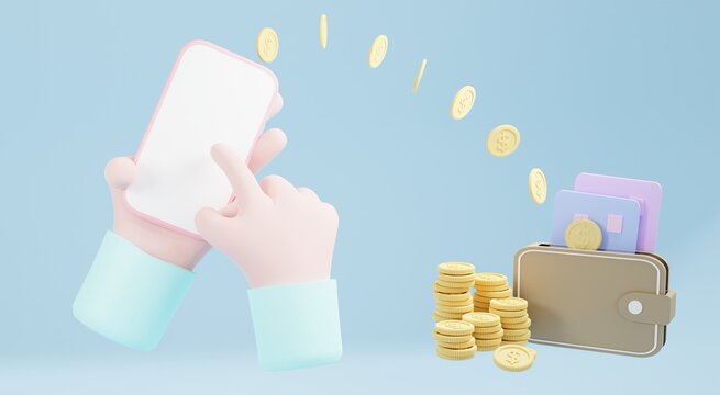 3D Rendering, For Saving Money Wealth, And Financial And Start Saving And Send A Concept, Copy Space. Money Transfer To The Mobile Phone Bank. Wallet, Coins, Credit Card