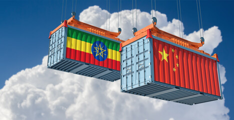 Freight containers with Ethiopia and China flag. 3D Rendering 