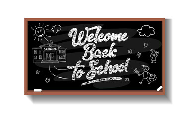 School board with chalk drawing welcome back to school. Vector with shadow on transparent background
