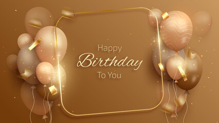 Happy birthday card with luxury balloons and ribbon. 3d realistic style. vector illustration for design.