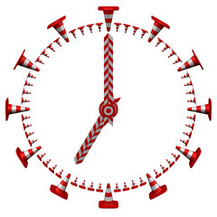 Concept: traffic jams. Clock face with traffic cones and traffic barrier.