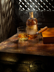 NO LOGOS OR TRADEMARKS!  SELF MADE LABELS! close up view of cigar, bottle of whiskey and glass...