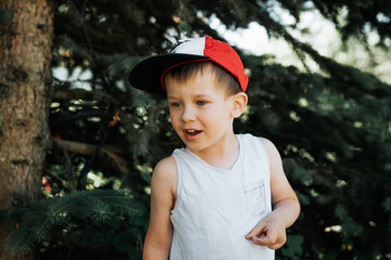 Portrait of a child in a red cap and white T-shirt with a funny expression, standing against the background of a Christmas tree, outdoors. Little boy playing in the garden in the summer afternoon.