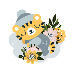 Baby tiger with blooming flowers sleeping on the cloud. Little roar print for kids. Predator animal with stripy coat in cartoon style isolated on white background. Symbol of 2022 year