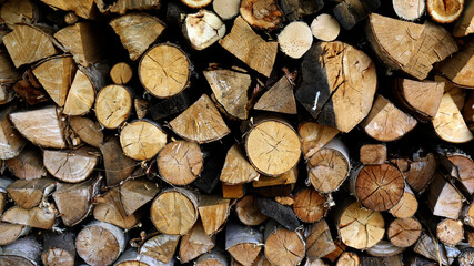Firewood chopped and stacked, firewood background