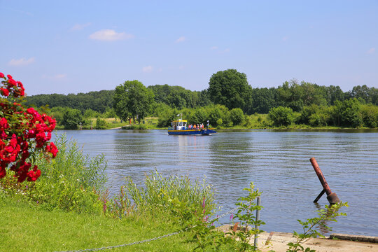 Blitterswijck, Netherlands - July 1. 2021: View on small passenger and bicycle ferry (voet- en fietsveer) on river maas in summer