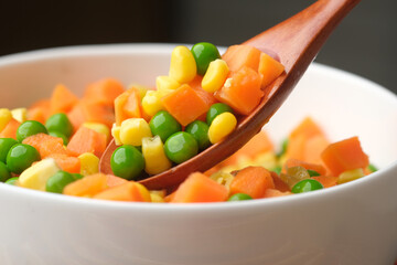 close up of corn, carrot and beans in a bowl,