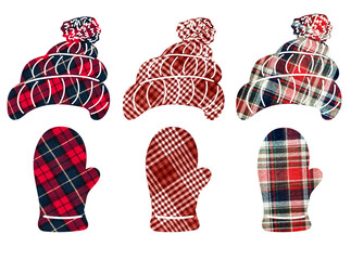 Women's hats and mittens in a cage. Can be used as stickers, decorative element, magnets, cut out and turned into decorations, used as a figured postcard glued to fabric.