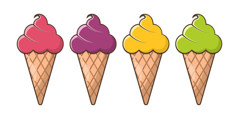 Ice cream gelato clip art vector design in strawberry matcha banana blueberry flavor with animated cartoon png illustration gelato cone