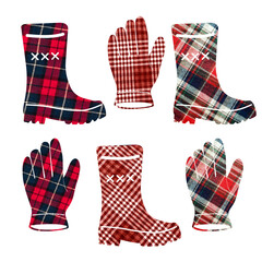 Boots and gloves in a cage. Can be used as stickers, decorative element, magnets, cut out and turned into decorations, used as a figured postcard glued to fabric.