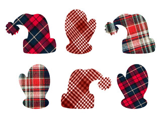 Cap and mittens with a checkered background. It can be used as stickers, decorative element, magnets, cut out and turned into decorations, used as a figured postcard, applied to fabric.