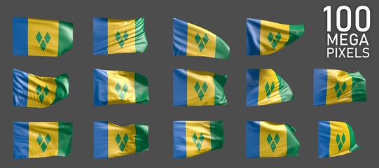 a lot of various realistic renders of Saint Vincent and the Grenadines flag isolated on grey background - 3D illustration of object