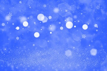 blue cute brilliant glitter lights defocused bokeh abstract background with falling snow flakes fly, festal mockup texture with blank space for your content