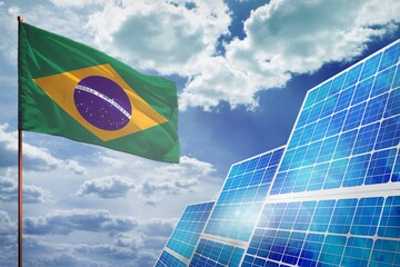 Brazil solar energy, alternative energy industrial concept with flag industrial illustration - fight with global climate changing, 3D illustration