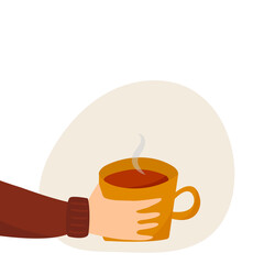 Hands holding a cup of hot drink. Autumn illustration in cartoon flat style

