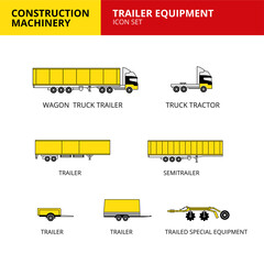 Trailer equipment vehicle and transport car construction machinery icons set vector