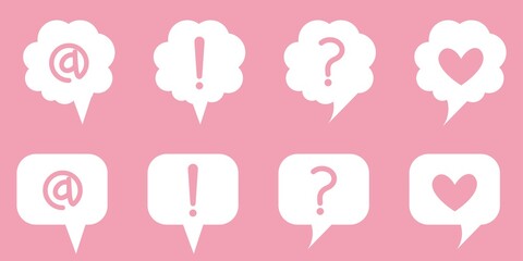 Set of speech bubble decoration with symbols. Question mark, Exclamation mark, At mark, Heart symbol icons for wed design. Vector illustration.