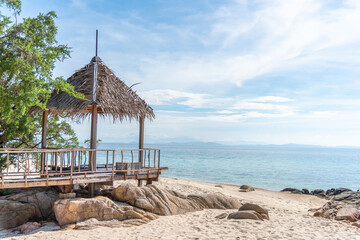 Nature in twilight period which including of sunrise over the sea and the nice beach. Summer beach with blue water and purple sky at the sunset.	
