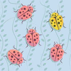Ladybug cartoon seamless pattern. Insects seamless pattern on foliage 