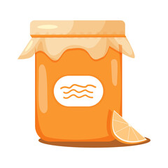 Orange jam jar in flat cartoon style. Vector illustration. Isolated on white background.