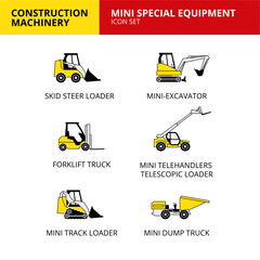 Mini special equipment vehicle and transport car construction machinery icons set vector