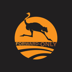 Ostrich logo. FORWARD ONLY. Gold, orange color icon design vector illustration. Silhouette running ostrich against the setting sun. Template design for company, business project, textile. 