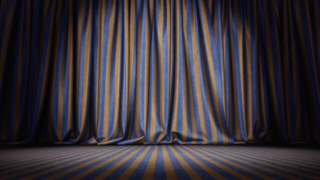 Realistic 3D animation of the blue and yellow stripes vintage grungy show or circus stage curtain with striped carpet flooring rendered in UHD with alpha matte