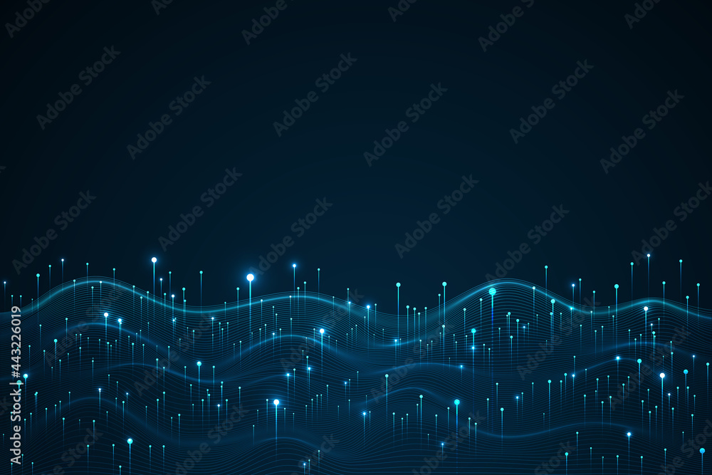Poster big data visualization concept. dynamic wave on blue background. wave of particles