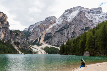 Fototapeta na wymiar Landscape at Lake Braies. Lago di Braies. In Italian dolomiti alps.