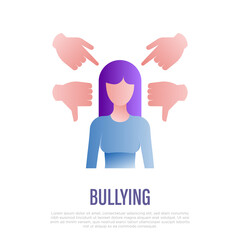 Bullying: the girl is pointed by fingers and by thumbs down. Aggressive behavior. Gradient icon. Vector illustration.