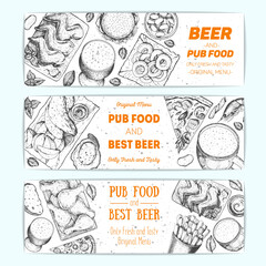 Banner set for beer pub or beer restaurant. Vector illustration in sketch style. Hand drawn banners. Engraved style image.
