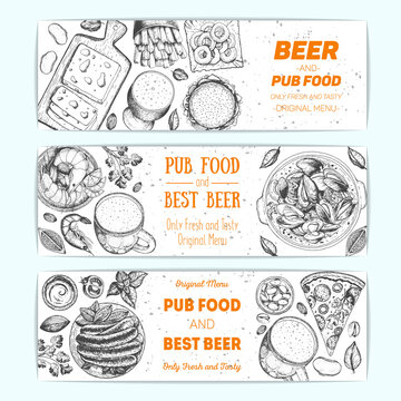 Banner set for beer pub or beer restaurant. Vector illustration in sketch style. Hand drawn banners. Engraved style image.