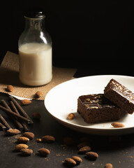 chocolate brownies on dark and white background homemade bakery and dessert white marble top view flat lay looking down with text space copy space
