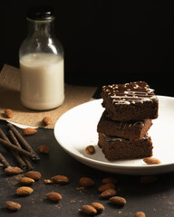 chocolate brownies on dark and white background homemade bakery and dessert white marble top view flat lay looking down with text space copy space