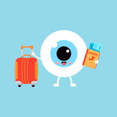 Cute eye ball emoji with suitcase and passport with tickets isolated. Hello summer and optician tourism concept. Flat design cartoon style smiling eyeball character vector illustration. 