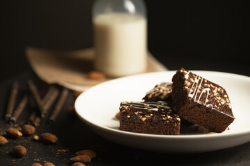 chocolate brownies on dark and white background homemade bakery and dessert white marble top view...