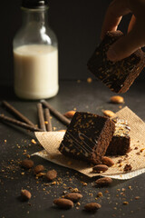 chocolate brownies on dark and white background homemade bakery and dessert white marble top view flat lay looking down with text space copy space