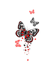 Butterflies with hearts. Red and black. Happy Valentine's Day. Vector illustration