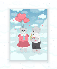 Adorable vector teddy bear couple with heart shaped balloons, flowers and candies on the mountain and sky with clouds background.Concept for kids children print, poster design, wrapping paper, pattern