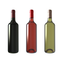 Set wine bottles. Three bottles of wine - red, rose, white. Isolated white background. Template for advertising, design, corporate identity. 3D rendering