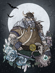 Fantasy character close-up, dwarf warrior in a helmet with a broken horn, strong northern man with metal pauldron and fur, old viking with a braided mustache and beard,  in a dark winter forest.