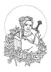 Fantasy character against the background of a large moon, a militant dwarf woman with a sword on his back, girl with hairstyle, pigtails and powerful body, in a fairytale pattern of roses.