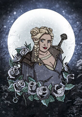 Fantasy character on the background of a large blue moon, a militant dwarf woman with a sword on his back, girl with pigtails and powerful body, in dark frosty forest, in fairytale a pattern of roses.
