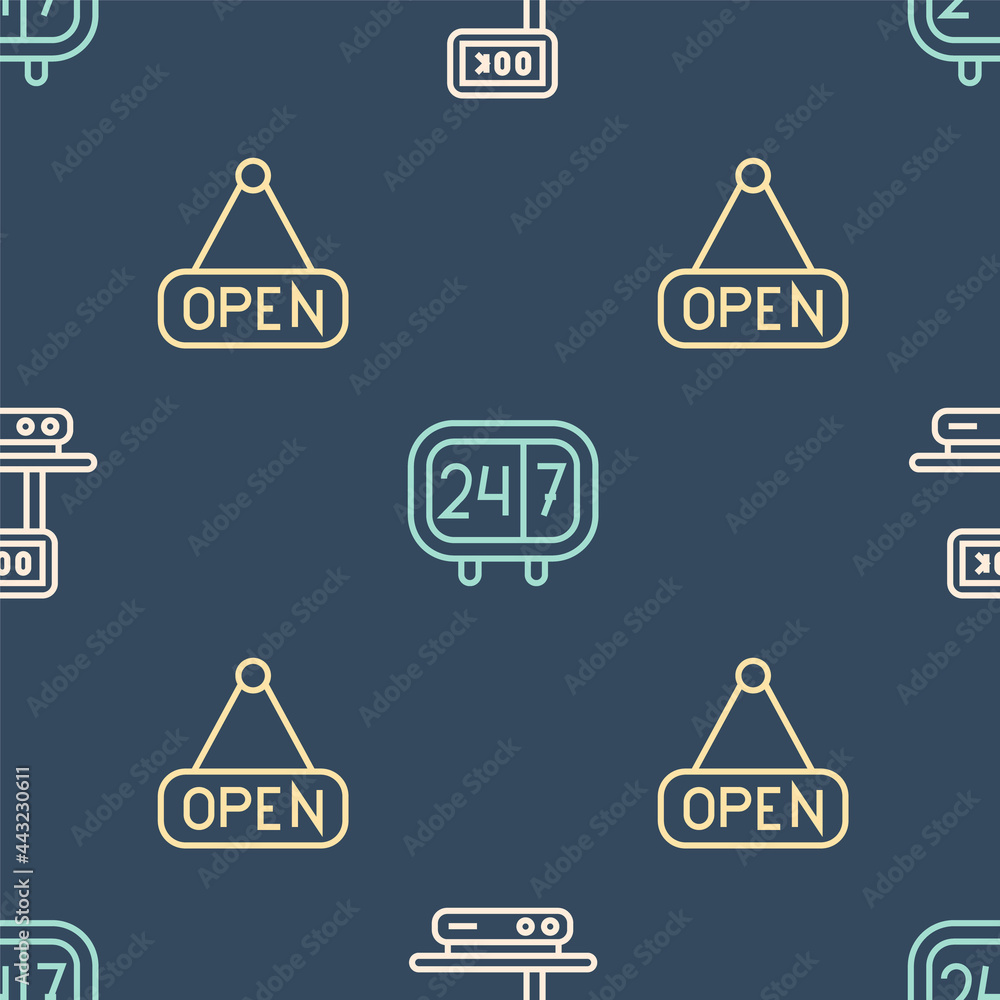 Poster set line electronic scales, hanging sign with open and clock 24 hours on seamless pattern. vector