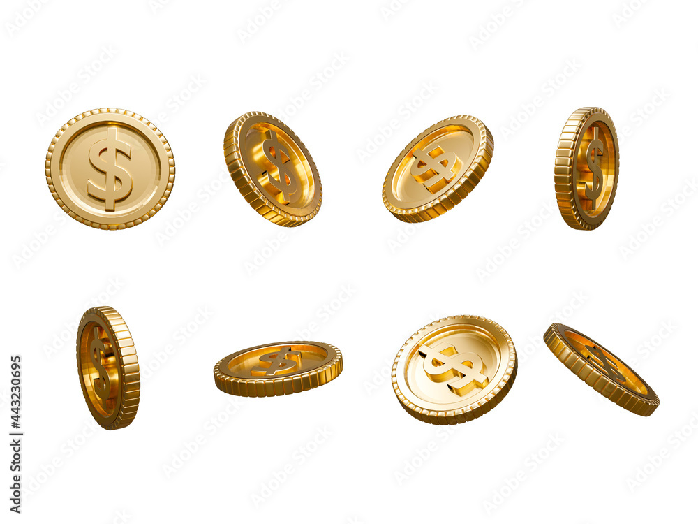 Poster isolate of collection rotation and different angle of golden us dollar coins on white background for