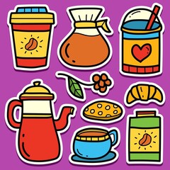 coffee cartoon doodle sticker design for stickers, coloring books, wallpapers, patches, badges, icons, backgrounds, logos and more